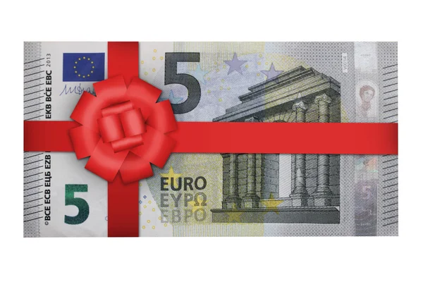 Five euro with red ribbon — Stock Photo, Image