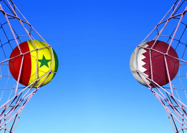 Dos Pelotas Fútbol Banderas Senegal Qatar Una Red —  Fotos de Stock