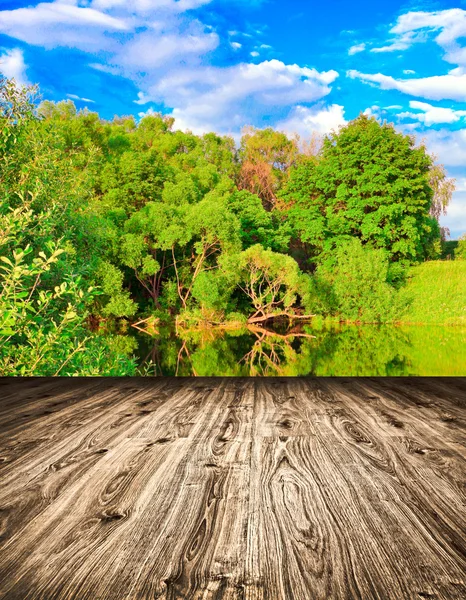 Light picturesque scene of beautiful rural lake in sunny summer park over blue sky with first dawn rays on the wall inside room interior with frame textured wooden brown panel floor background — Stock Photo, Image