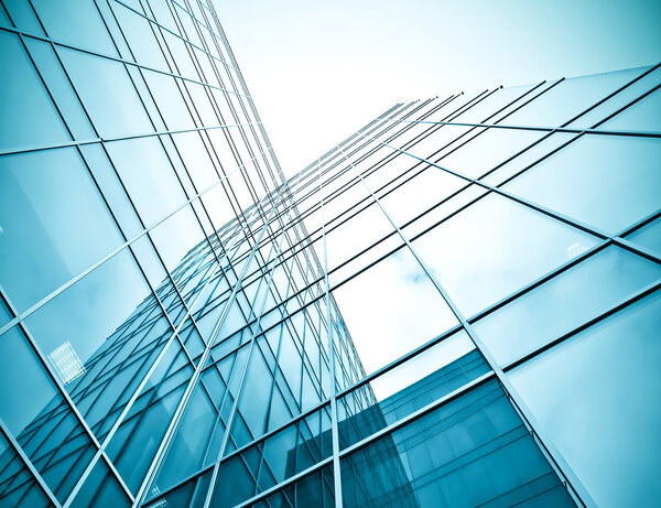 underside view to steel glass high rise building