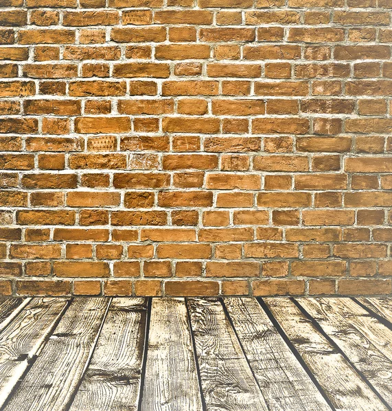 Arrière-plan de vieux grungy texturé mur de briques blanches et de pierre avec plancher en bois clair avec tableau blanc à l'intérieur vieux intérieur vide négligé et déserté, espace horizontal vierge de la salle de studio propre — Photo
