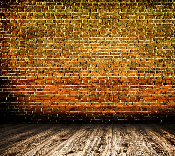 Background of aged grungy textured white brick and stone wall with light wooden floor with whiteboard inside old neglected and deserted empty interior, blank horizontal space of clean studio room — Stock Photo, Image