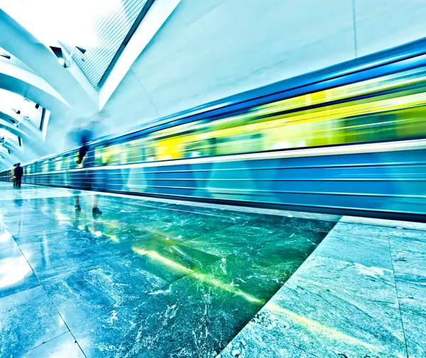 Perspective wide angle view of modern light blue illuminated and — Stock Photo, Image