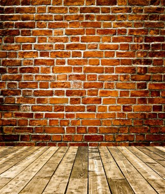 dokulu arka plan aşınmış yaşlı beyaz tuğla ve eski ihmal edilen ve ıssız iç, boş yatay boşluk temiz oda, içinde beyaz tahta ile ışık ahşap zemin ile kırmızı taş duvar