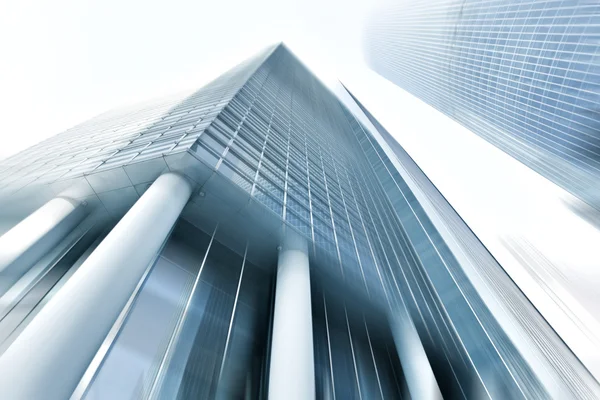 Panoramic and perspective wide angle view to steel blue background of glass high rise building skyscrapers in modern futuristic downtown at night Business concept of successful industrial architecture — Stock Photo, Image