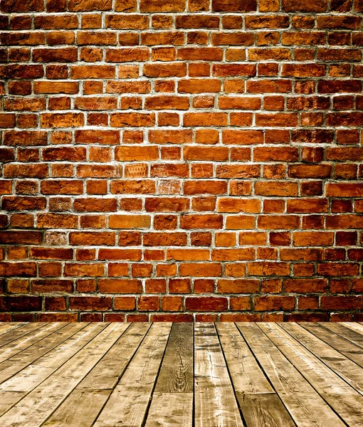 Background of aged grungy textured white brick and red stone wall with light wooden floor with whiteboard inside old neglected and deserted empty interior, blank horizontal space of clean studio room — Stock Photo, Image