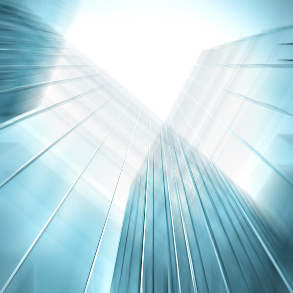 Panoramic and perspective wide angle view to steel blue background of glass high rise building skyscrapers in modern futuristic downtown at night Business concept of successful industrial architecture