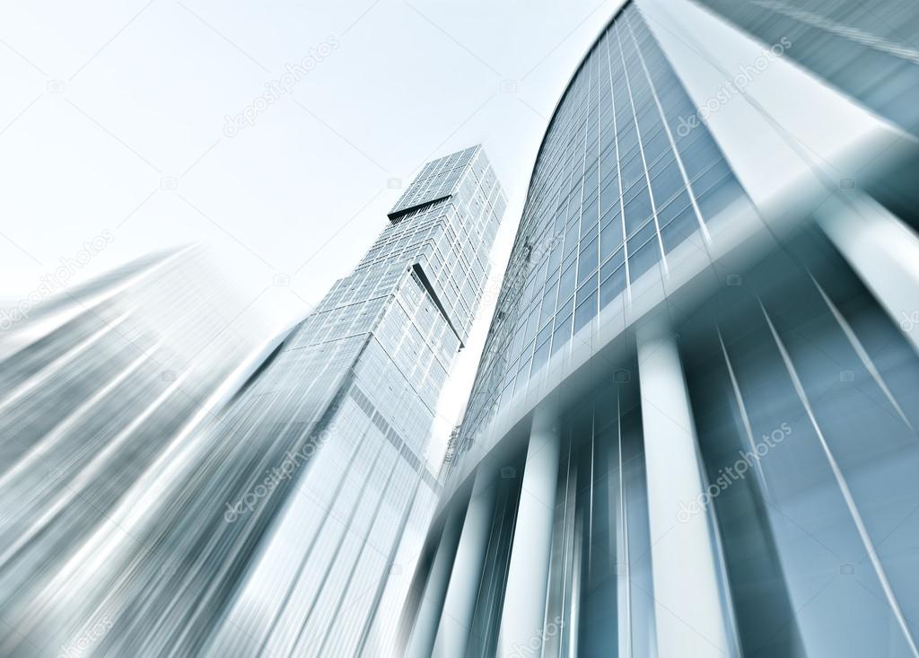 Panoramic and perspective wide angle view to steel blue background of glass high rise building skyscrapers in modern futuristic downtown at night Business concept of successful industrial architecture