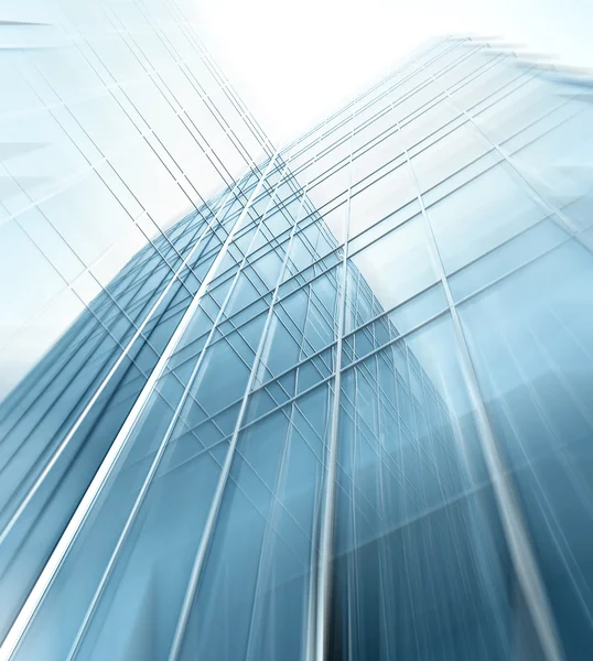 Panoramic and perspective wide angle view to steel blue background of glass high rise building skyscrapers in modern futuristic downtown at night Business concept of successful industrial architecture — Stock Photo, Image