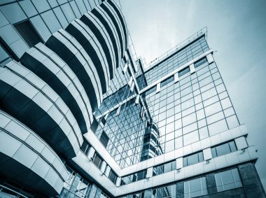 Açık mavi renkli cam yüksek artış gelecek gökdelen ticari modern şehir Binası çelik için panoramik ve potansiyel geniş açı görünümü. İş kavramı başarılı endüstriyel mimari