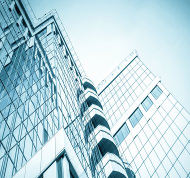 Açık mavi renkli cam yüksek artış gelecek gökdelen ticari modern şehir Binası çelik için panoramik ve potansiyel geniş açı görünümü. İş kavramı başarılı endüstriyel mimari
