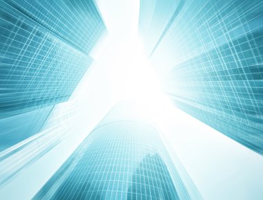 Açık mavi renkli cam yüksek artış gelecek gökdelen ticari modern şehir Binası çelik için panoramik ve potansiyel geniş açı görünümü. İş kavramı başarılı endüstriyel mimari