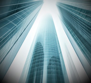 Açık mavi renkli cam yüksek artış gelecek gökdelen ticari modern şehir Binası çelik için panoramik ve potansiyel geniş açı görünümü. İş kavramı başarılı endüstriyel mimari