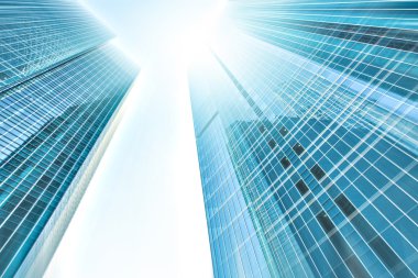 Açık mavi renkli cam yüksek artış gelecek gökdelen ticari modern şehir Binası çelik için panoramik ve potansiyel geniş açı görünümü. İş kavramı başarılı endüstriyel mimari