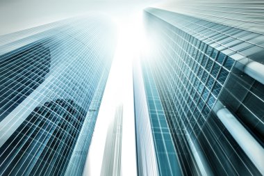 Açık mavi renkli cam yüksek artış gelecek gökdelen ticari modern şehir Binası çelik için panoramik ve potansiyel geniş açı görünümü. İş kavramı başarılı endüstriyel mimari