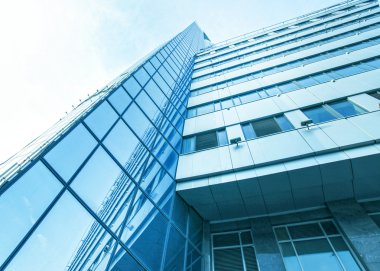 Açık mavi renkli cam yüksek artış gelecek gökdelen ticari modern şehir Binası çelik için panoramik ve potansiyel geniş açı görünümü. İş kavramı başarılı endüstriyel mimari