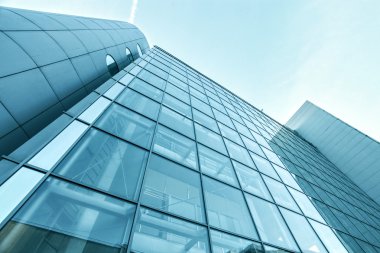 Açık mavi renkli cam yüksek artış gelecek gökdelen ticari modern şehir Binası çelik için panoramik ve potansiyel geniş açı görünümü. İş kavramı başarılı endüstriyel mimari