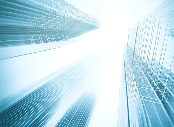 Panoramisch en toekomstige brede hoekmening op staal licht blauwe achtergrond van glas hoog stijgingsgebouw wolkenkrabber commerciële moderne stad van de toekomst. Bedrijfsconcept van succesvolle industriële architectuur — Stockfoto