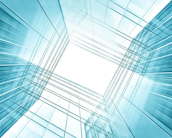 Panoramautsikt og fremadskuende vid vinkel i forhold til lys blå bakgrunn av høyt skyskraper av glass som bygger framtidens moderne by. Forretningskonsept for vellykket industriarkitektur – stockfoto