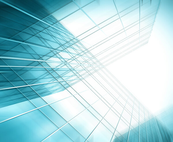 Panoramic and prospective wide angle view to steel light blue background of glass high rise building skyscraper commercial modern city of future. Business concept of successful industrial architecture