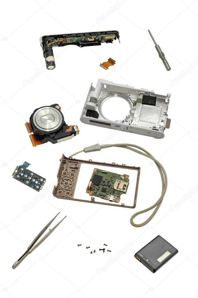 Parts of a disassembled camera.