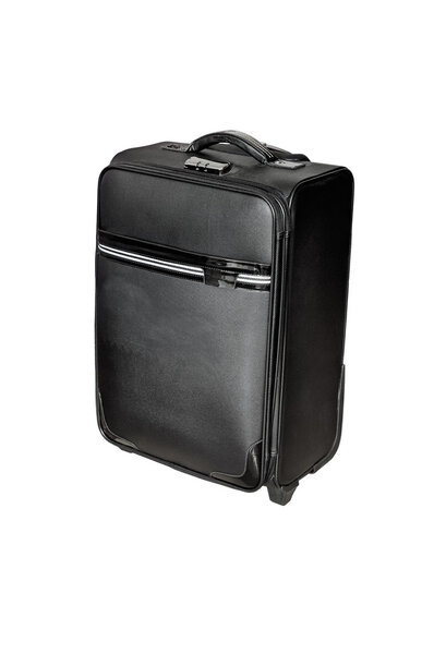 Modern black suitcase on wheels. Isolated on white background.