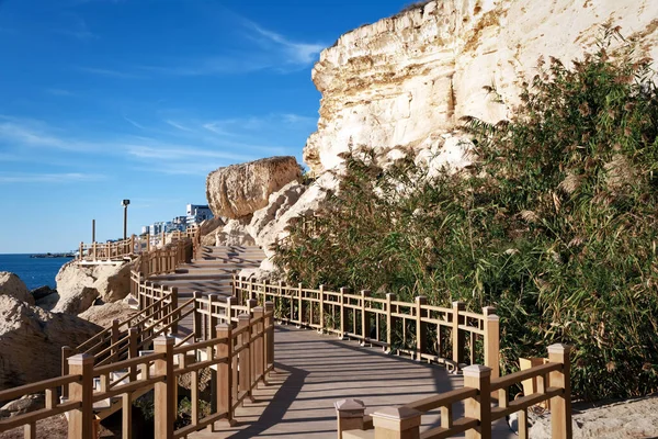 Küste Des Kaspischen Meeres Felsweg Kasachstan Aktau Oktober 2019 Jahr lizenzfreie Stockfotos