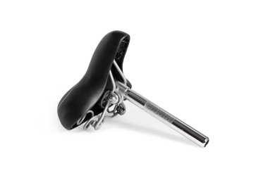 Bisiklet eyeri geniş. Koltuk direği. Yakın plan. Beyaz arkaplanda izole.