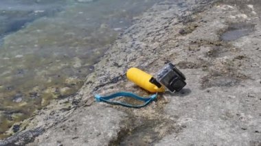 Compact video camera in an underwater box. Caspian Sea. 07 June 2022 Year.