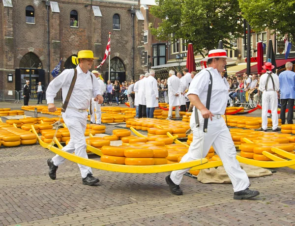 Portadores caminando con muchos quesos en Alkmaar, Holanda — Foto de Stock