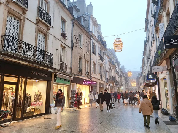 Dijon France December 2022 People Walking Francois Rude Street Decorated — Zdjęcie stockowe