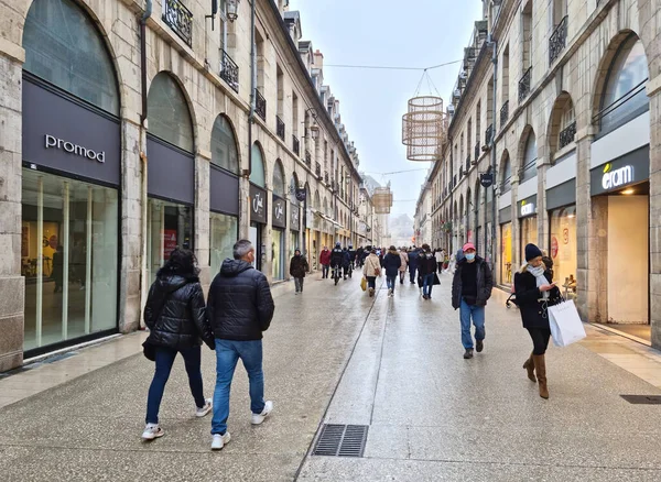 Dijon France December 2022 People Walking Francois Rude Street Decorated — 스톡 사진