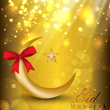Eid mubarak altın ay, yıldız ve kırmızı kurdele ile arka plan. EP