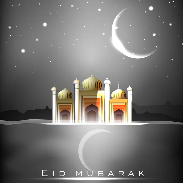 Eid mubarak Hintergrund mit Moschee oder Masjid und glänzendem Mond. eps — Stockvektor
