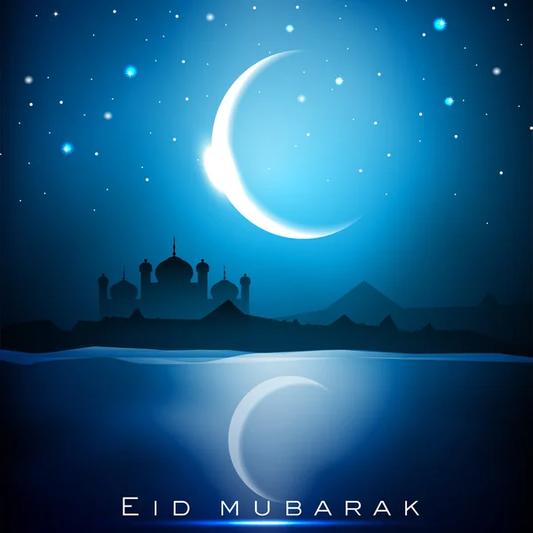 Eid Mubarak fundo com Mesquita ou Masjid e lua brilhante. EPS — Vetor de Stock