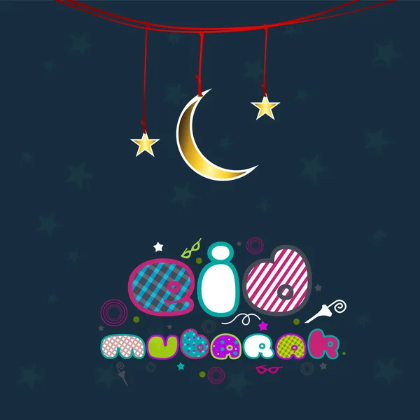 Texto colorido creativo Eid Mubarak con Luna dorada colgante y — Archivo Imágenes Vectoriales