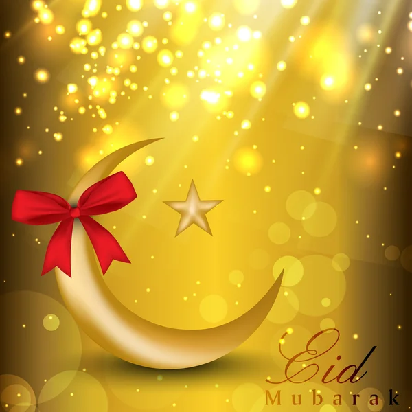 Eid Mubarak background with golden moon, star and red ribbon. EP — Stock Vector