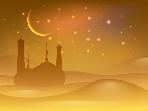 Fondo dorado con mezquita o mezquita y luna para Eid Mubarak — Vector de stock