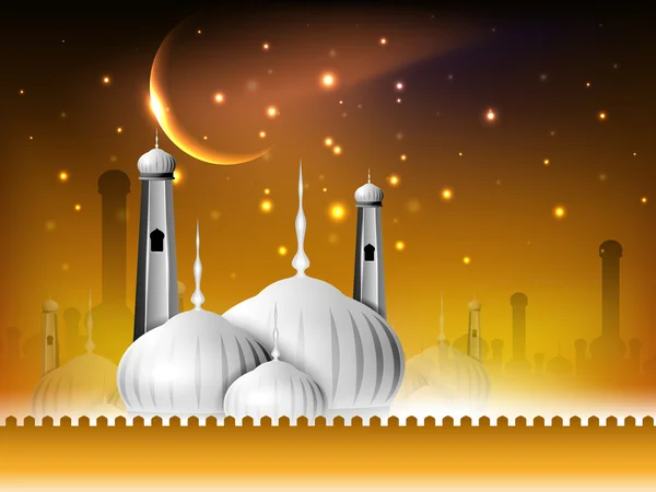 Beautiful Eid Mubarak background with golden moon, stars and Mos — Stock Vector
