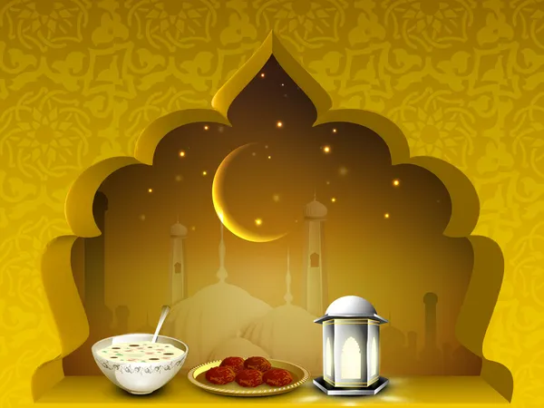 Beau fond EId Moubarak avec lune, bonbons et lanterne o — Image vectorielle
