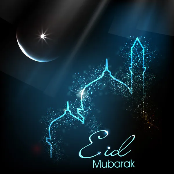 Hermosa tarjeta de felicitación para el festival Eid Mubarak con brillante mezquita e imagen Masjid. EPS 10 . — Vector de stock