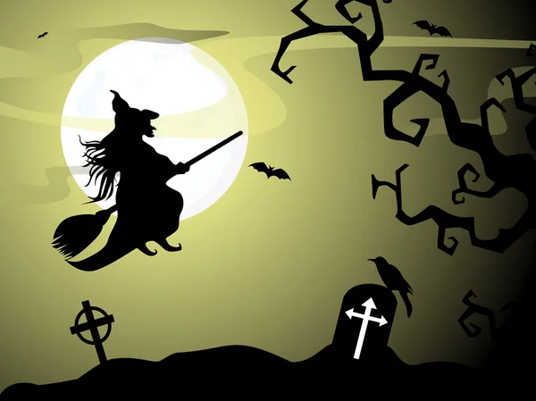 Halloween heks vliegen op bezemsteel, enge halloween-achtergrond — Stockvector