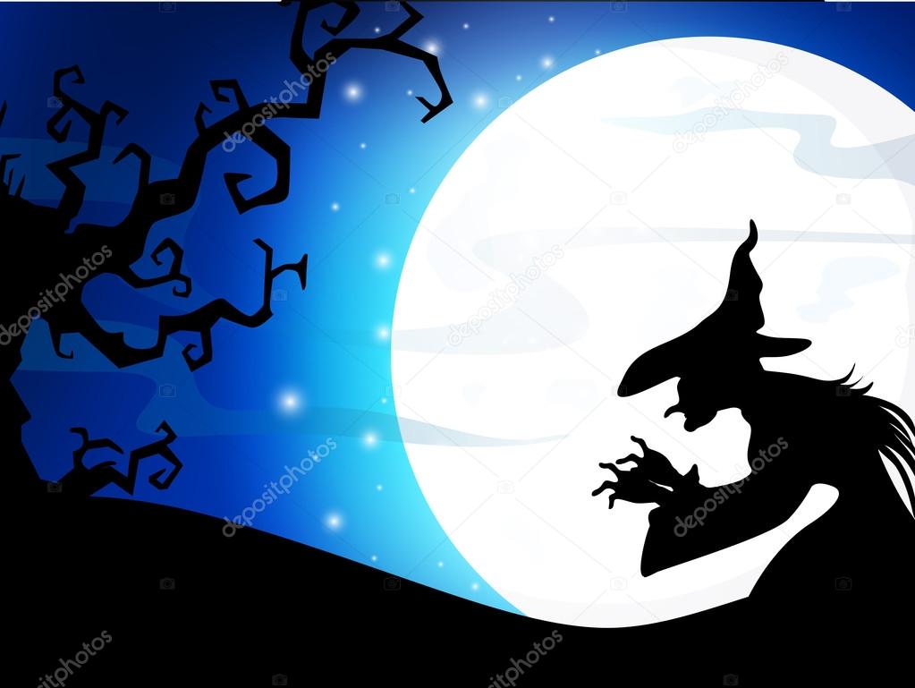 Scary full moon night background with dead tree and Halloween ba