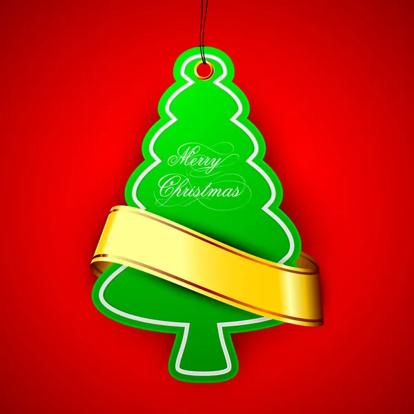 Green Xmas tree with golden ribbon on red background, greeting o — Stock Vector