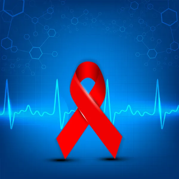 Cardiogram with red aids awareness ribbon on red background. EPS — Stock Vector