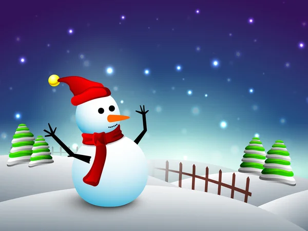 Muñeco de nieve feliz en santa sombrero y bufanda en noche de invierno, merry chri — Stockvector