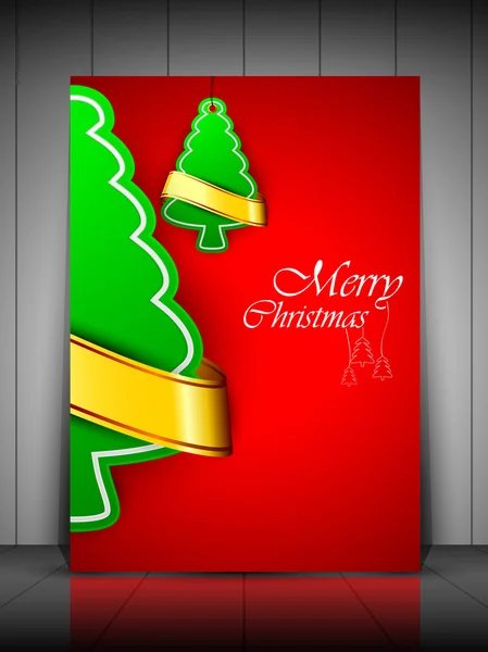 Árvore de Natal verde com fita dourada no fundo vermelho, saudação o — Vetor de Stock