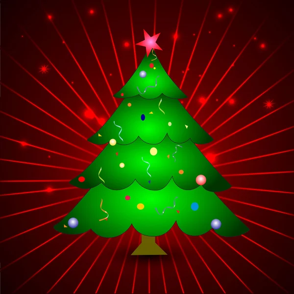 Weihnachtsgruß oder Geschenkkarte mit Weihnachtsbaum auf rotem Strahlenrücken — Stockvektor
