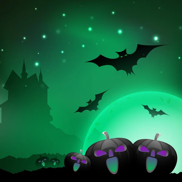 Noche de Halloween fondo con calabazas de miedo, murciélagos voladores y — Vector de stock