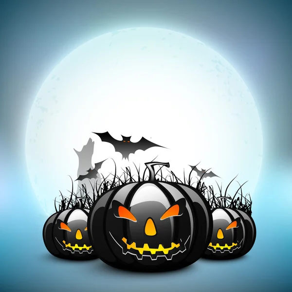 Scary pumpkins with flying bats on Halloween full moon night bac — Stock Vector